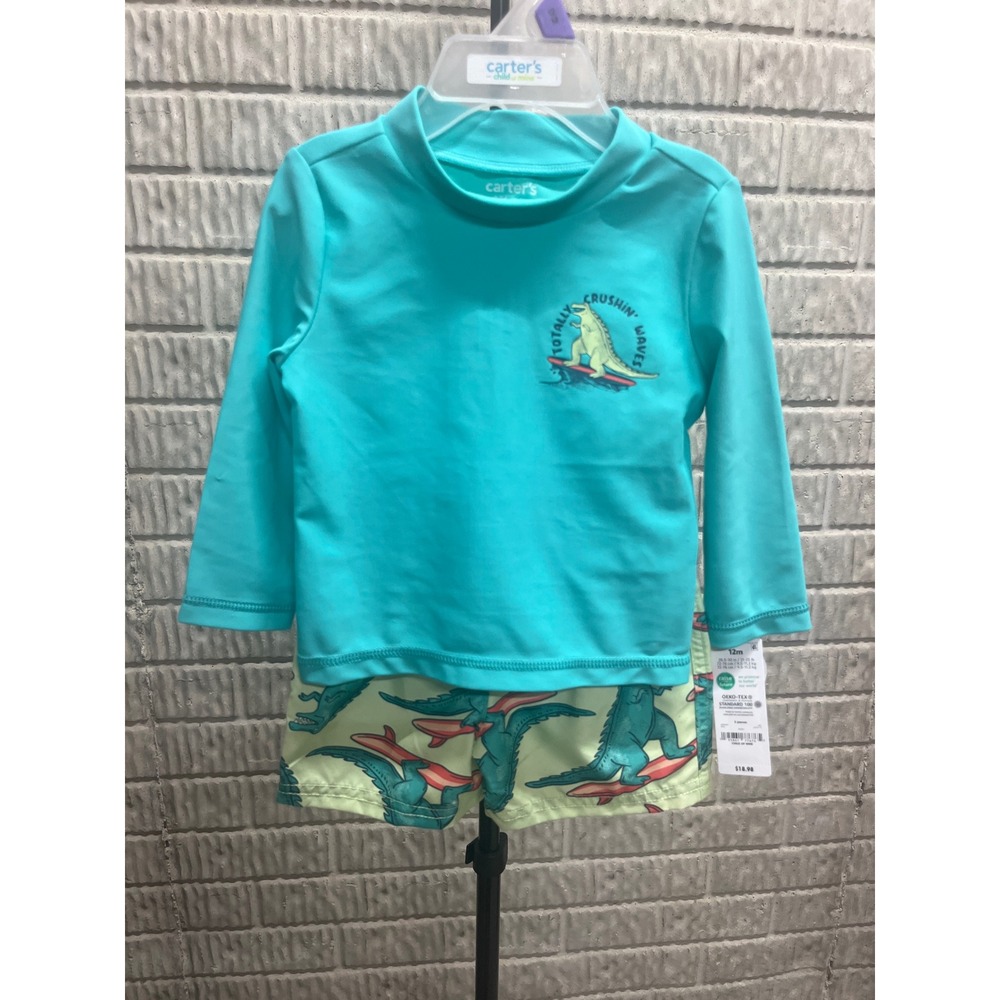 Child of Mine Carters Baby Boy 12M Dinosaur Rash Guard Swim Trunks 2pc Set Teal